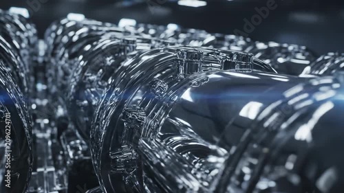 Close look at shiny metal engine parts in a workshop at night with bright lights