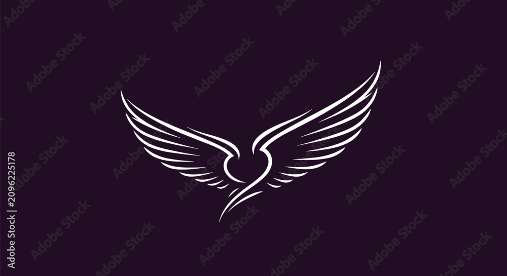 Obraz premium Elegant white stylized eagle wings icon centered on a dark purple background, perfect for heraldry, logos, or brand identity.