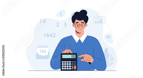 Man with Calculator and Tax Symbol, Calculating Finances and Taxes, Business and Accounting Concept Vector Illustration