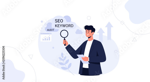 Man with Magnifying Glass analyzing SEO Keywords and Audit Report for Business Growth