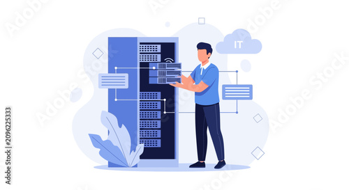 IT professional managing servers and cloud computing infrastructure, data center concept