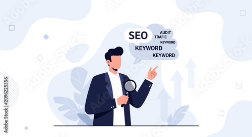 Man with Magnifying Glass Analyzing SEO Keywords and Traffic for Business Growth