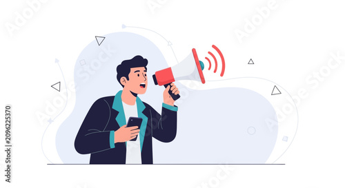 Man with Megaphone and Smartphone Announcing News or Making Announcement - Modern Flat Illustration