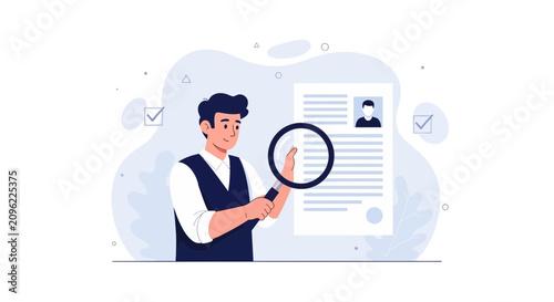 Man with Magnifying Glass Reviews Resume, Illustrating Recruitment, Job Search, and HR Screening Process