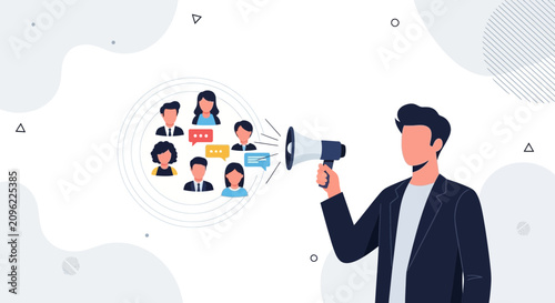 Man with Megaphone Broadcasting to Diverse Group of People with Speech Bubbles - Communication Concept