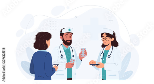 Medical Consultation: Doctors discussing prescription medication with a patient, healthcare, and pharmacy concept illustration