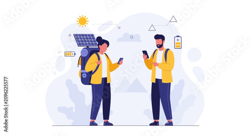 Modern Hikers with Solar Backpack Charging Phones, Illustrating Sustainable Technology and Connectivity