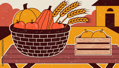 Photos Flat illustration of autumn harvest basket with pumpkins and wheat on wooden table