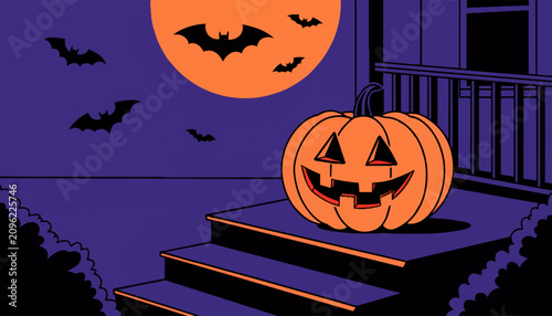 Schilderij op canvas Flat illustration of spooky Halloween night with jack-o-lantern on porch steps