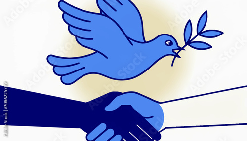 Foto Flat illustration of peace dove with olive branch and diverse handshake