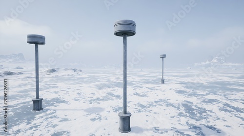 Modern street lamp posts standing in a row against a cloudy evening sky