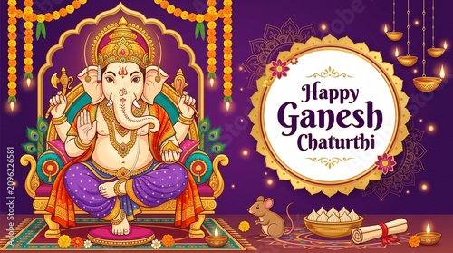 Happy Ganesh Chaturthi Vector Banner with Lord Ganesha Sitting on Throne, Cute Mouse, Modak, and Diya Lamps for Hindu Festival Greeting Card, Poster, or Background Design