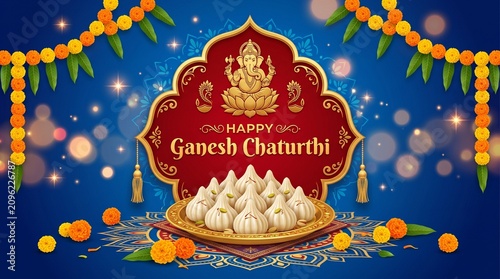 Happy Ganesh Chaturthi Vector Greeting Banner with Lord Ganesha, Modak Sweets, and Marigold Flower Garlands on Blue Decorative Background