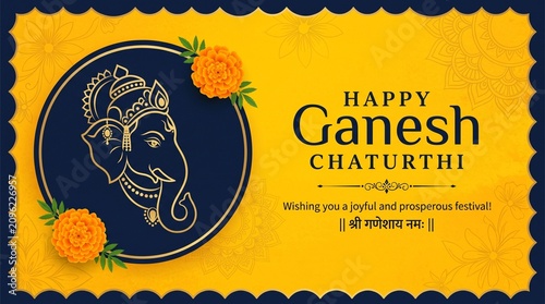Happy Ganesh Chaturthi Vector Banner with Lord Ganesha Line Art, Marigold Flower Decoration, and Festival Wishes Greeting on Yellow Background