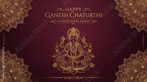 Happy Ganesh Chaturthi greeting card vector background with golden Lord Ganesha line art and elegant mandala ornaments on luxury maroon damask pattern