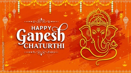 Happy Ganesh Chaturthi Greeting Card Template with Lord Ganesha Vector Illustration on Orange Textured Background