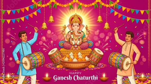 Happy Ganesh Chaturthi Vector Illustration with Lord Ganesha, Men Playing Dhol Drums, Modak Sweets, and Festive Decoration for Vinayaka Chaturthi Banner and Greeting Card Design