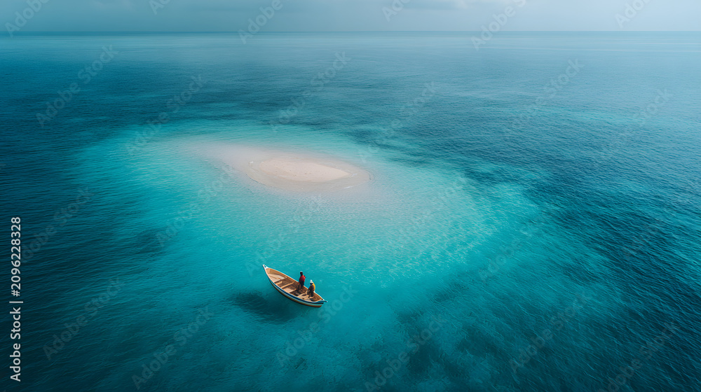 Fototapeta premium Overhead drone perspective of small sandbank in middle of vast emerald ocean with rowboat.