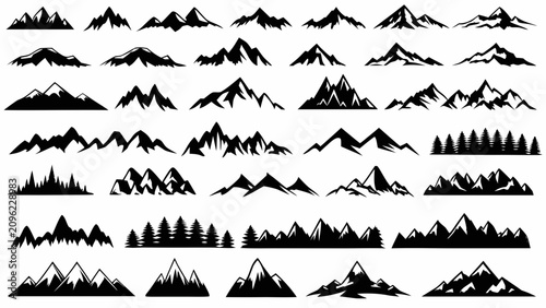 Fotografie Collection of forty black mountain silhouettes on a white background representin
