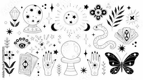 Photos Mystical objects and celestial elements a black and white vector illustration on
