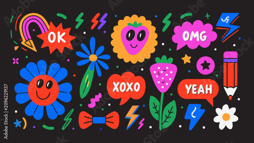 Tableau sur toile Colorful vector illustration featuring playful flowers speech bubbles and lightn