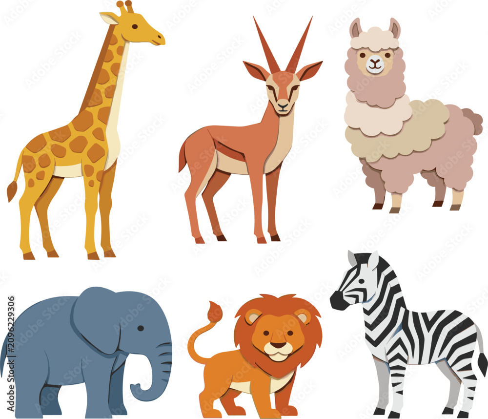 Naklejka premium Cute Wild Animal Vector Icon Set with Giraffe Gazelle Alpaca Elephant Lion and Zebra Illustrations Isolated on White Background for Kids Design