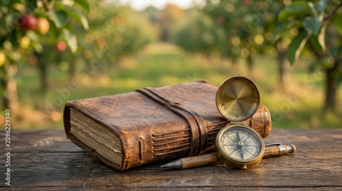 Old leather book and compass in orchard