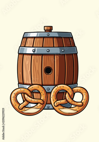 Wooden Beer Barrel with Pretzels.