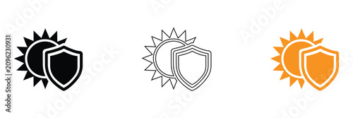 Sun protection icons with shield on white background for safety and UV protection concepts