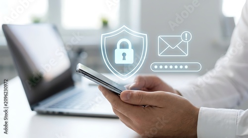 Digital protection of business data with professional using mobile phone for secure login and email account verification