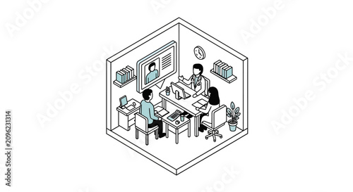 An isometric illustration of a medical consultation taking place in a clinic office