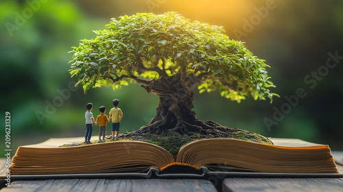 Miniature family standing together under bonsai tree on open book, holding hands, passing down family wisdom, concept of future generations, roots of legacy, symbolic photo