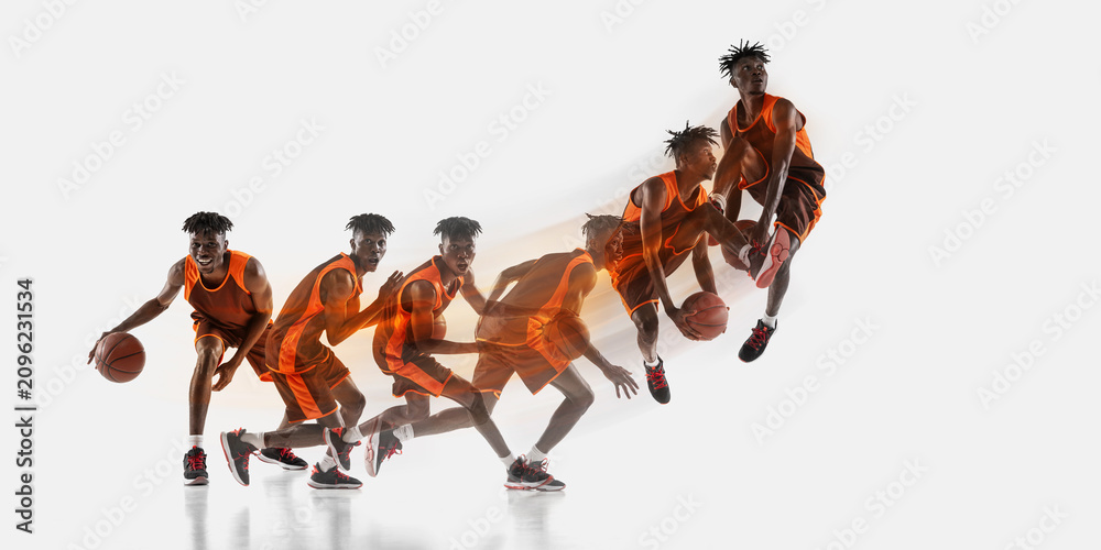 Obraz premium Basketball player dribbling and jumping with motion sequence on white background. Concept of basketball training campaigns, dynamic athlete movement, sportswear promotion and athlete development.