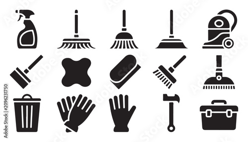 Foto Set of various housekeeping tools icons featuring brushes sprayers vacuum and work gloves