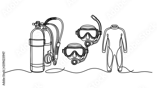 Fotografie Continuous single line drawing of scuba diving gear including oxygen tank mask s