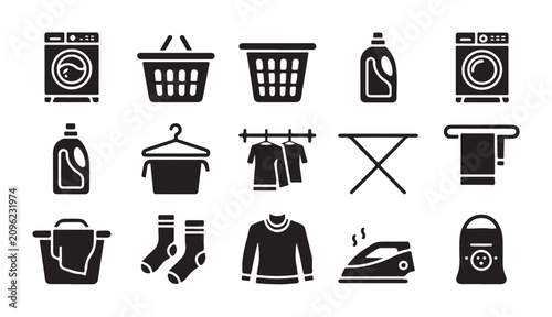 Fotografie Set of laundry icons isolated on transparent background washing machine clothes hamper detergent