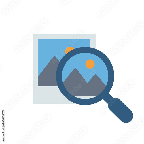 image search icon isolated on white background. Magnifying glass over photo symbol for searching, browsing and finding digital pictures