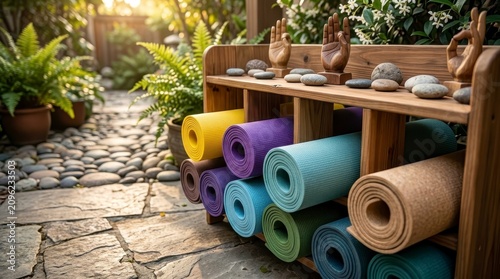 Yoga mats and stones in a garden setting