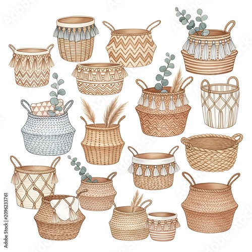 A collection of 16 woven baskets with various patterns and designs