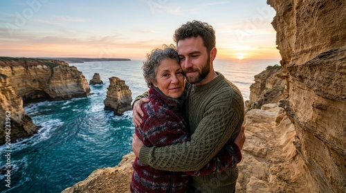 Mother and son embracing at coastal cliffs sunset