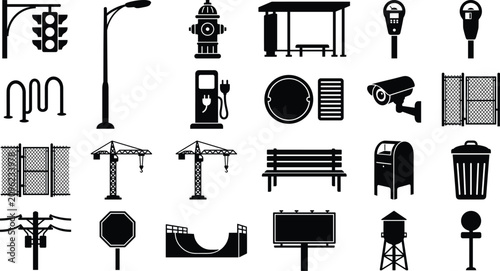 Vector collection of urban infrastructure and street element silhouette icons including traffic lights, street lamps, and public utilities