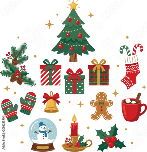 Christmas Holiday Season Vector Element Set Featuring Decorated Tree Gift Boxes Snowman Snowglobe Gingerbread Man and Festive Icons for Graphic Design