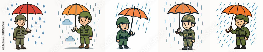 Fototapeta premium Set of vector illustrations of soldiers using umbrellas in the rain.