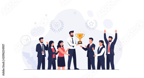 Team celebrating victory with a golden trophy, representing success, achievement, and teamwork in a modern flat illustration style.