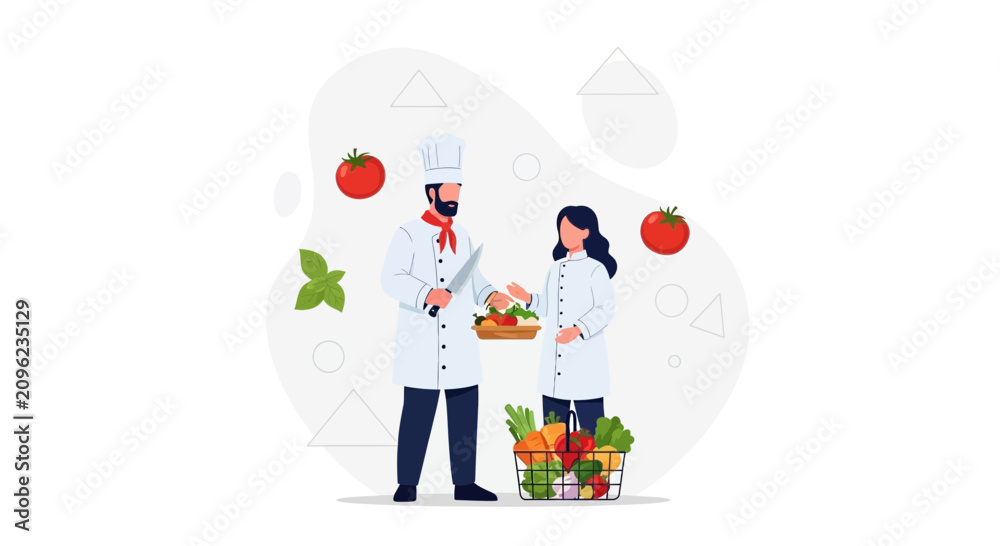 Fototapeta premium Two chefs in uniform, a man and a woman, preparing food with fresh vegetables and tomatoes, vector illustration