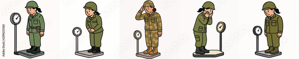 Fototapeta premium Set of vector illustrations of a female soldier weighing herself.