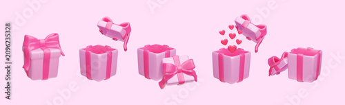 Bright pink set of 3D gift boxes. Pink present box with satin ribbon and bow in different shapes. Happy birthday, Valentine day, love anniversary celebration decor. 3D realistic render vector