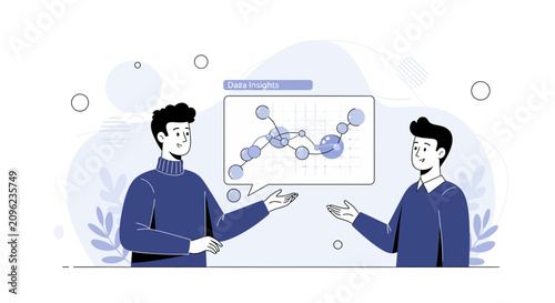 Businessmen Discussing Data Insights with Graph and Network Analysis Illustration