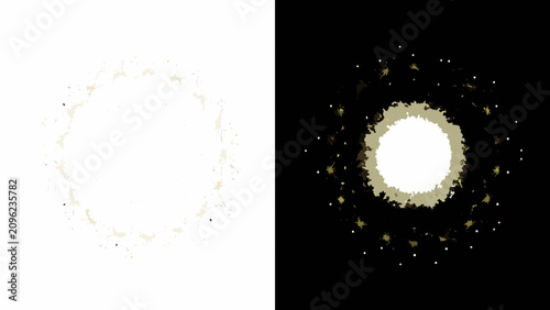 Fotografia Circular particle arrangement with dual backgrounds featuring a white and black