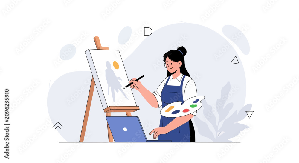Fototapeta premium Artist painting on canvas with palette and laptop, modern illustration, creative process, art studio